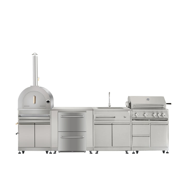 TMG Living Kitchen Pro Series 7-Piece Stainless Steel Modular Outdoor Kitchen Suite Set, 35” Refrigerator Cabinet, 32” BBQ, 4-Burner Gas Grill, Sink, Side Burner, Corner Cabinet, Pizza Oven, TMG-LKS10
