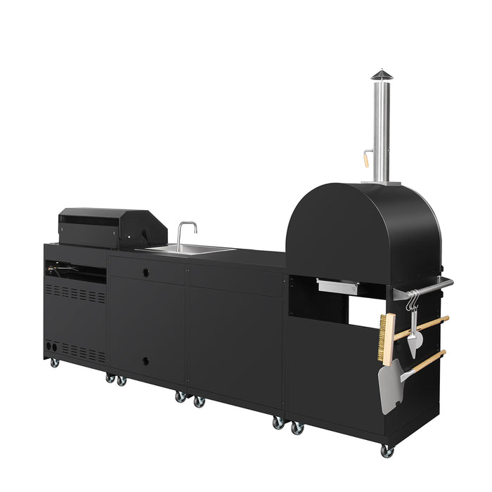 TMG Industrial 11’ 4-Burner Outdoor Kitchen Island (Black), 48000 BTUs, Built-In Pizza Oven, ¾” Cordierite Pizza Stone, CSA Certified TMG-LKS11B