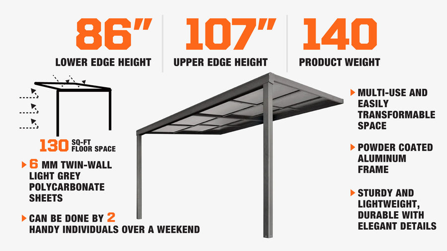 10' x 13' Sliding Roof Aluminum Patio Cover with Grey Panels, TMG-LPC13