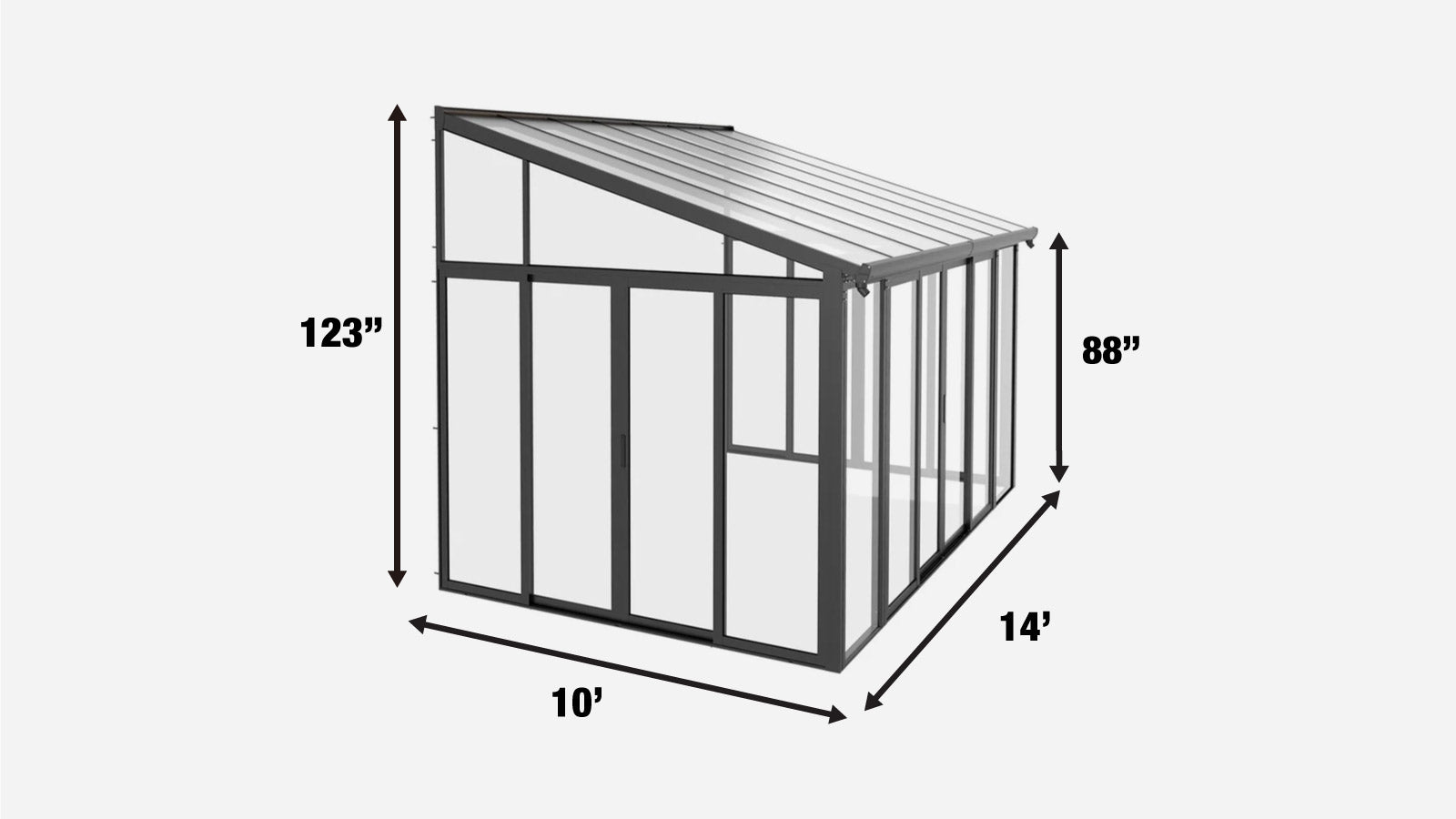 TMG Industrial 10’ x 14’ Winter Garden Glass Lean-To Patio Cover, Twin-Wall PC Roof Sheets, Crystal-Clear PC Walls/Doors, TMG-LPC14-specifications-image