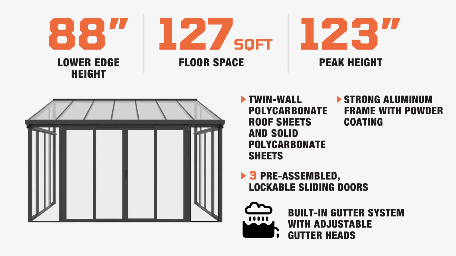 TMG Industrial 10’ x 14’ Winter Garden Glass Lean-To Patio Cover, Twin-Wall PC Roof Sheets, Crystal-Clear PC Walls/Doors, TMG-LPC14-description-image