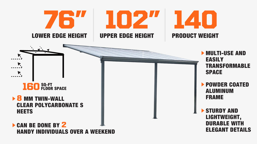 Aluminum Patio Cover 10' x 16' with Clear Panels, TMG-LPC16