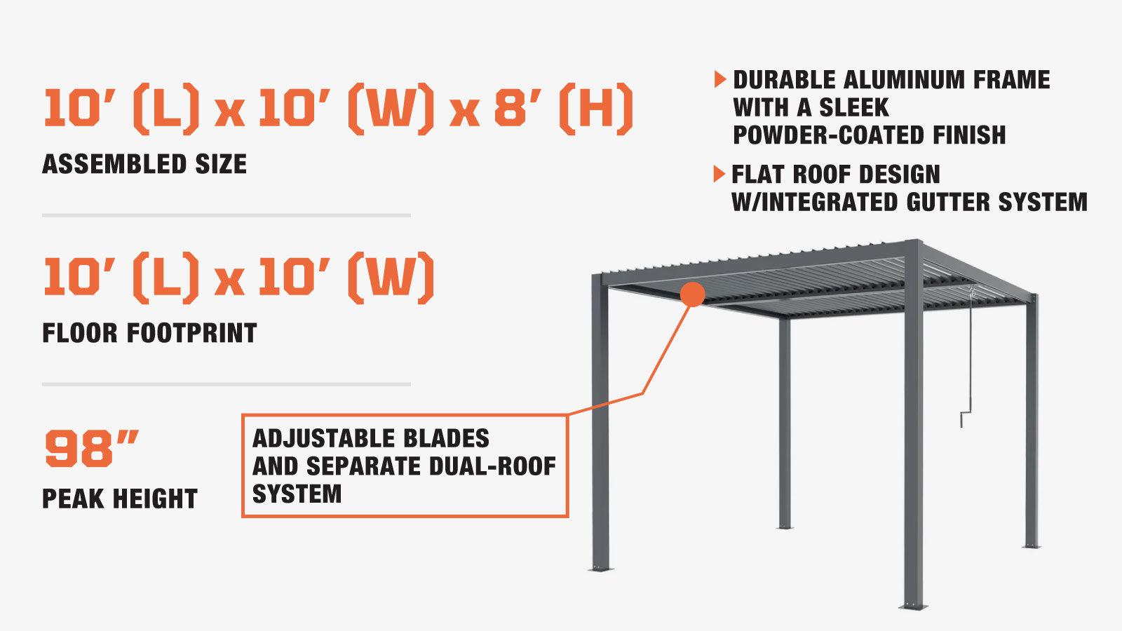 TMG Industrial 10’ x 10’ Louvre Pergola, Water Resistant Flat Roof, Integrated Gutter System, Aluminum Frame, Powdered Coating,  TMG-LPG08-description-image