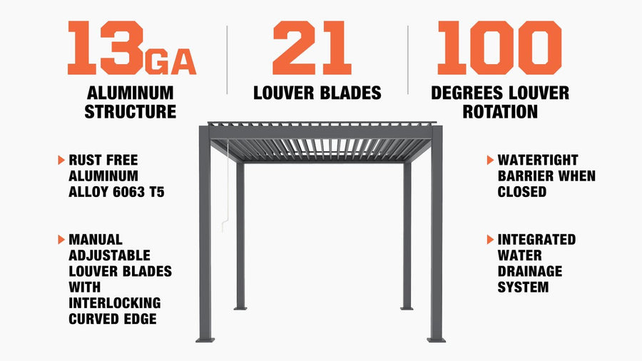 TMG LIVING 10' x 10' Aluminum Louver Roof Slatted Pergola, Manual Adjustable Louver Blades, TMG-LPG10
