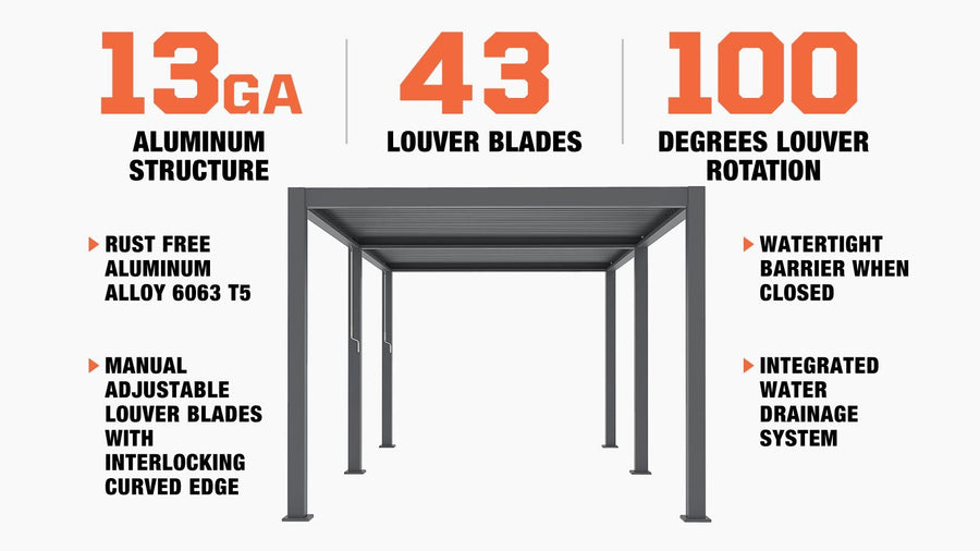 TMG LIVING Pergola à lattes en aluminium de 10 pi x 20 pi, avec lames de persiennes réglables manuellement, TMG-LPG20