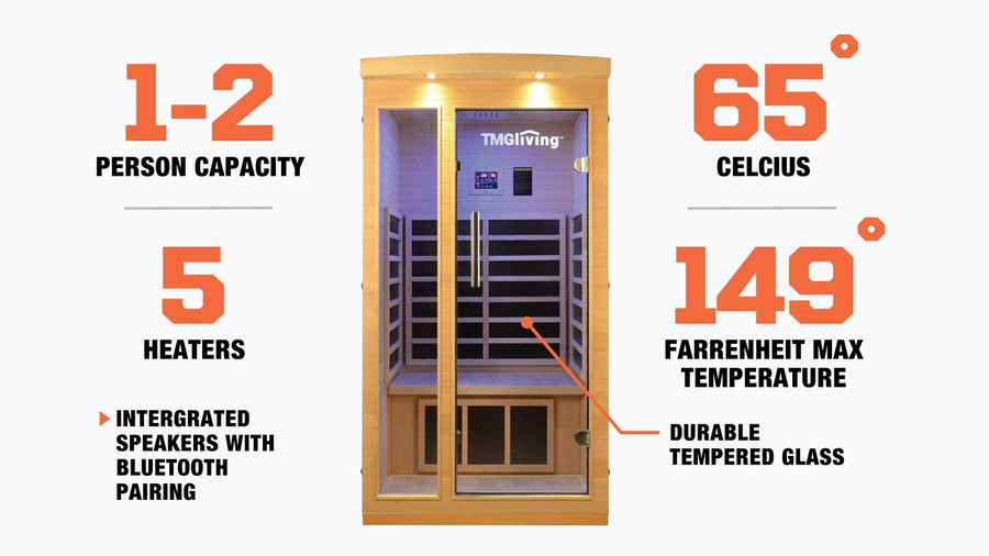 TMG LIVING 1-2 Person Indoor FAR Infrared Sauna Room, Natural Canadian Hemlock, Bluetooth Speakers, Tempered Glass Door, TMG-LSN10