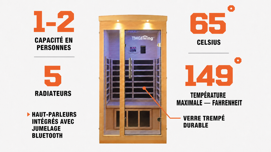 TMG LIVING Sauna infrarouge intérieur pour une personne, pruche canadienne naturelle, haut-parleurs Bluetooth, porte en verre trempé, TMG-LSN10