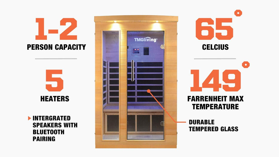 TMG LIVING 2 Person Indoor FAR Infrared Sauna Room, Natural Canadian Hemlock, Bluetooth Speakers, Tempered Glass Door, TMG-LSN20