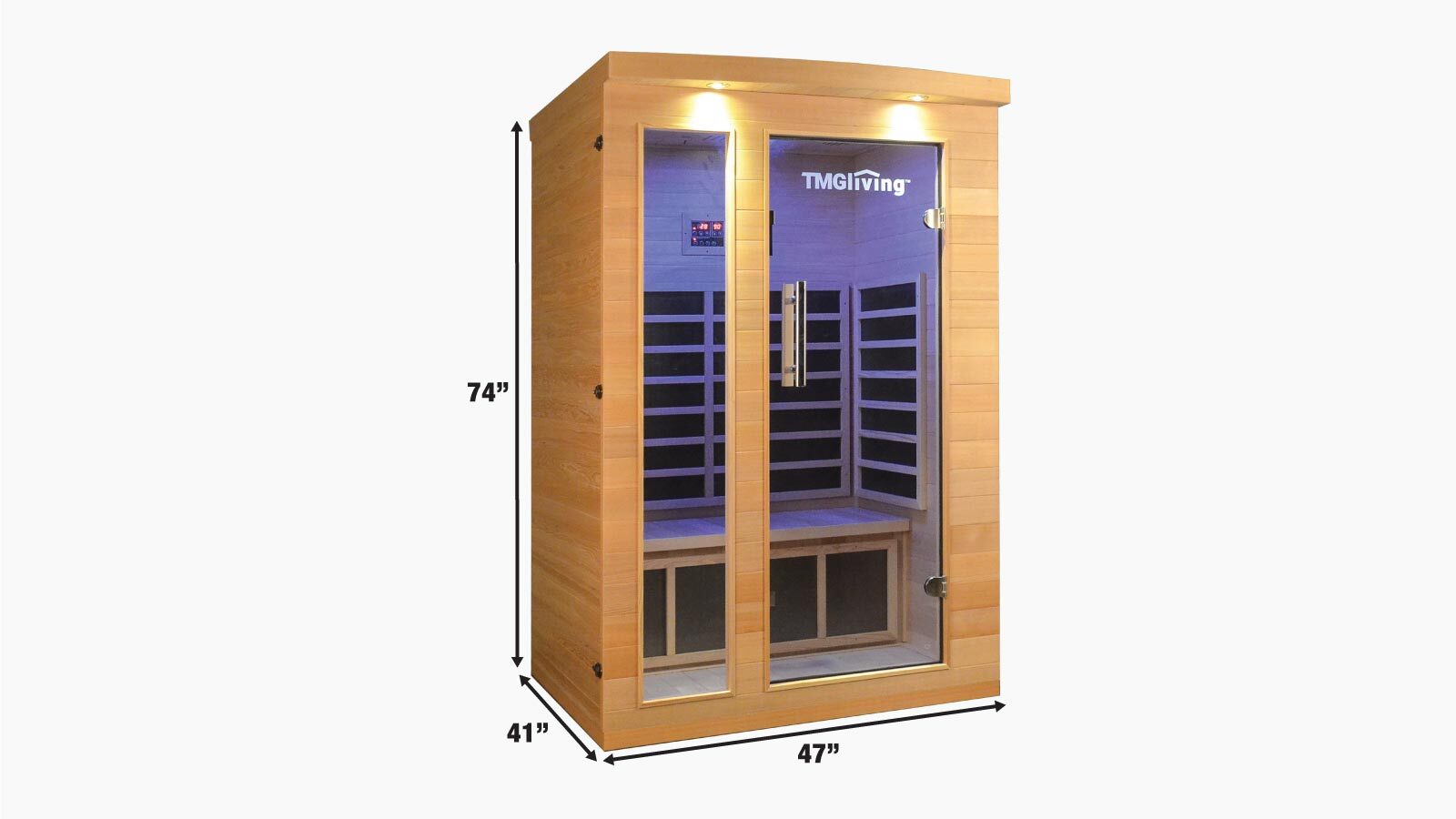 TMG LIVING Sauna infrarouge intérieur pour deux personnes, pruche canadienne naturelle, haut-parleurs Bluetooth, porte en verre trempé, TMG-LSN20-specifications-image