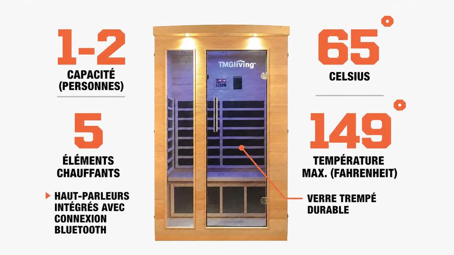 TMG LIVING Sauna infrarouge intérieur pour deux personnes, pruche canadienne naturelle, haut-parleurs Bluetooth, porte en verre trempé, TMG-LSN20