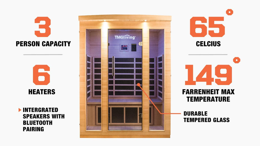 TMG LIVING 3 Person Indoor FAR Infrared Sauna Room, Natural Canadian Hemlock, Bluetooth Speakers, Tempered Glass Door, TMG-LSN30