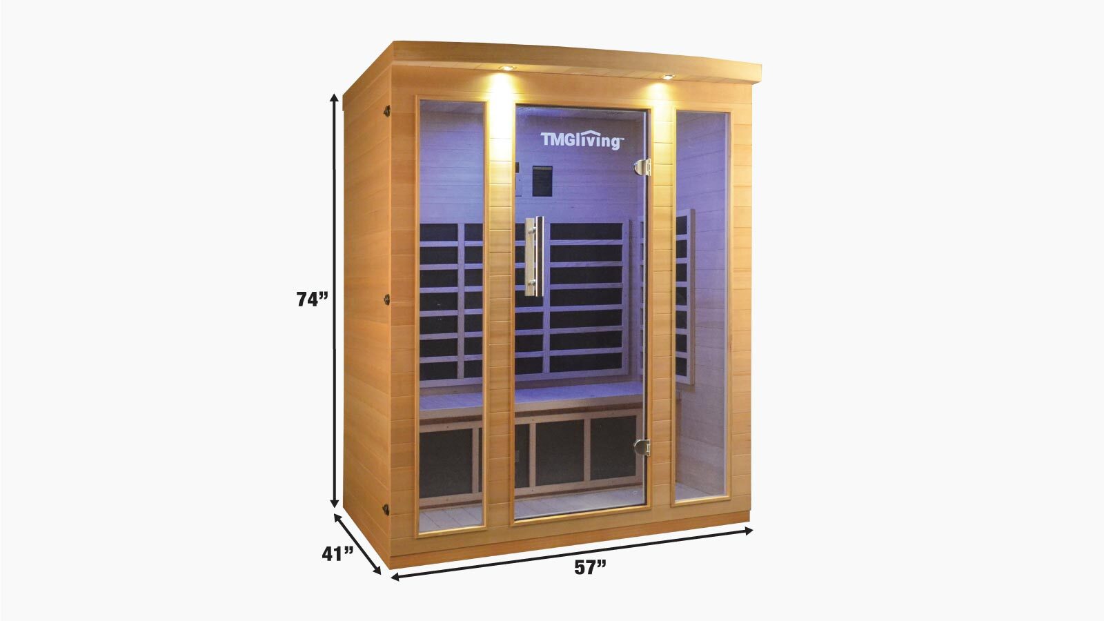 TMG LIVING Sauna infrarouge intérieur pour trois personnes, pruche canadienne naturelle, haut-parleurs Bluetooth, porte en verre trempé, TMG-LSN30-specifications-image
