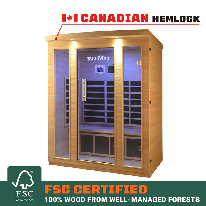 TMG LIVING 3 Person Indoor FAR Infrared Sauna Room, Natural Canadian Hemlock, Bluetooth Speakers, Tempered Glass Door, TMG-LSN30
