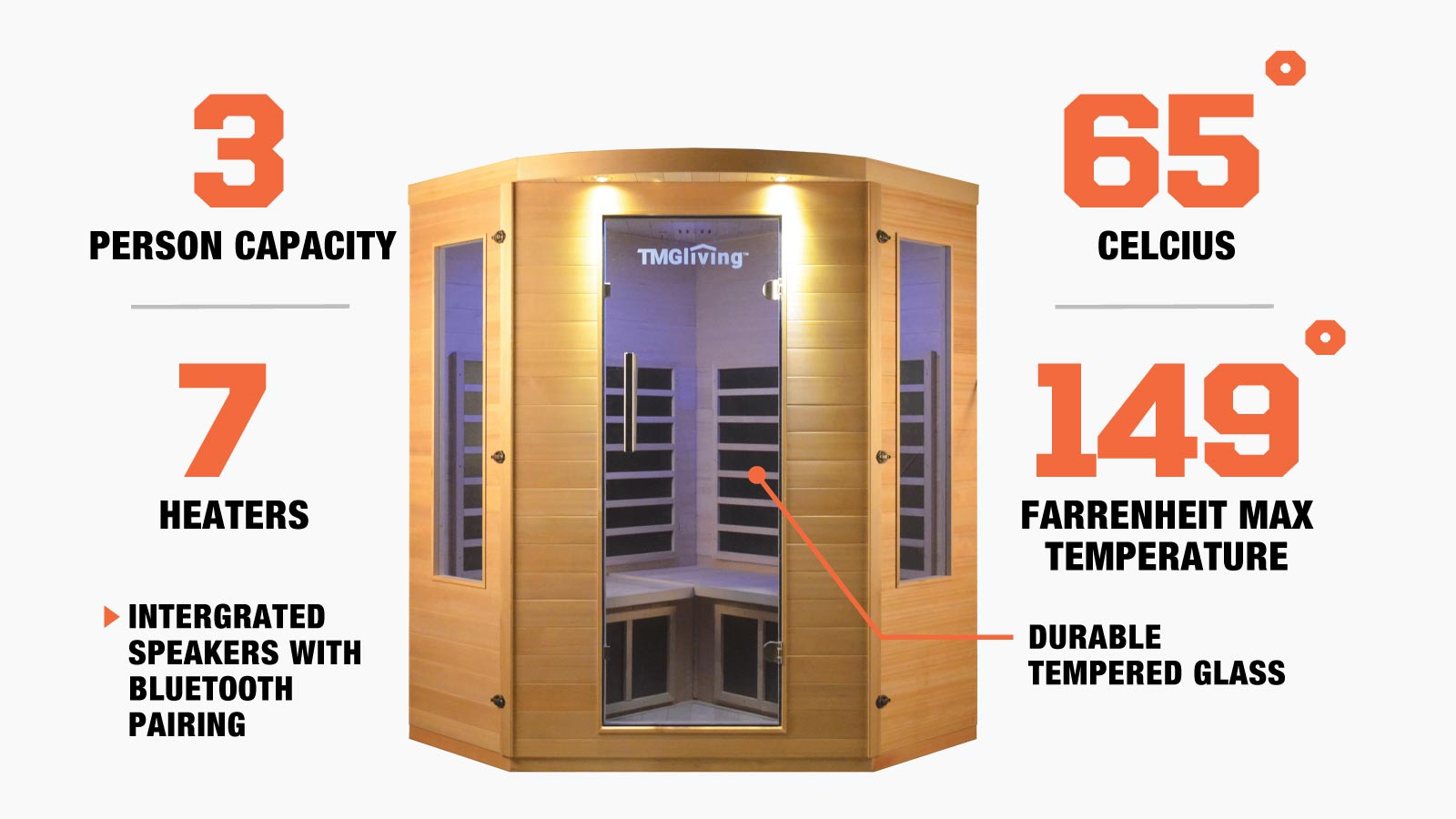 TMG LIVING Salle de sauna infrarouge intérieur d'angle pour trois personnes, pruche canadienne naturelle, haut-parleurs Bluetooth, porte en verre trempé, TMG-LSN40-description-image