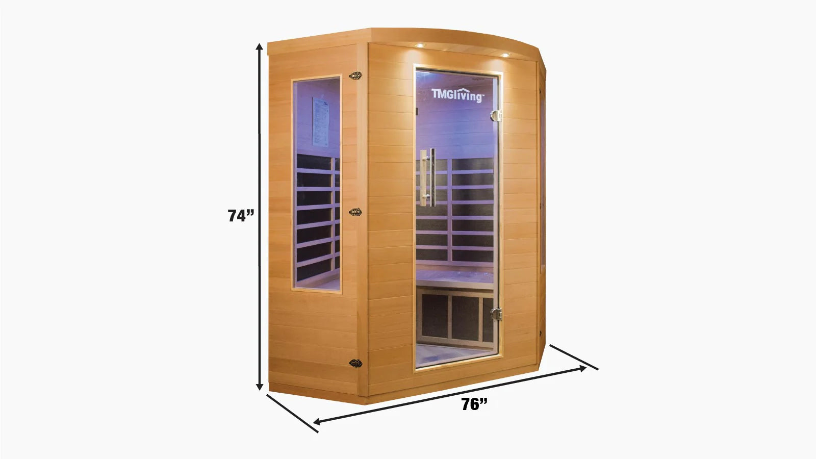 TMG LIVING Salle de sauna infrarouge intérieur d'angle pour trois personnes, pruche canadienne naturelle, haut-parleurs Bluetooth, porte en verre trempé, TMG-LSN40-specifications-image