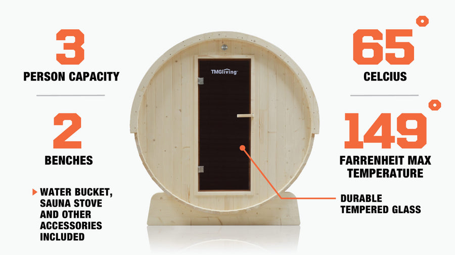 TMG LIVING Outdoor White Pine Barrel Sauna, Three Person, Tempered Glass Door, TMG-LSN41