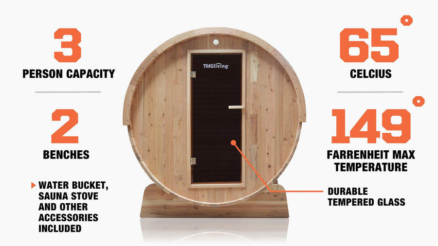 TMG LIVING Outdoor Rustic Cedar Barrel Sauna, Three Person, Tempered Glass Door, TMG-LSN42