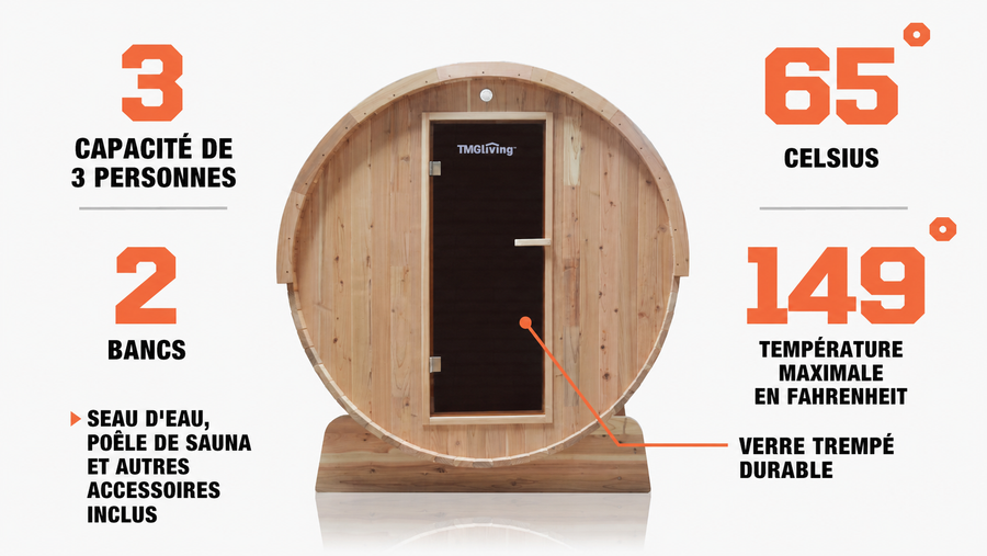 TMG LIVING Sauna extérieur en cèdre rustique pour trois personnes, porte en verre trempé, TMG-LSN42