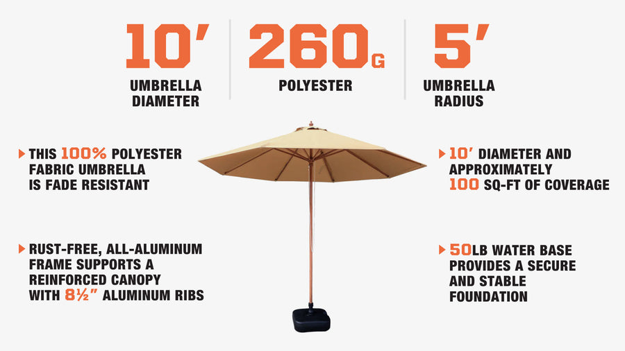 TMG Living 10-ft Center Pole Aluminum Umbrella w/Water Base, UV Resistant & Waterproof, TMG-LUC10