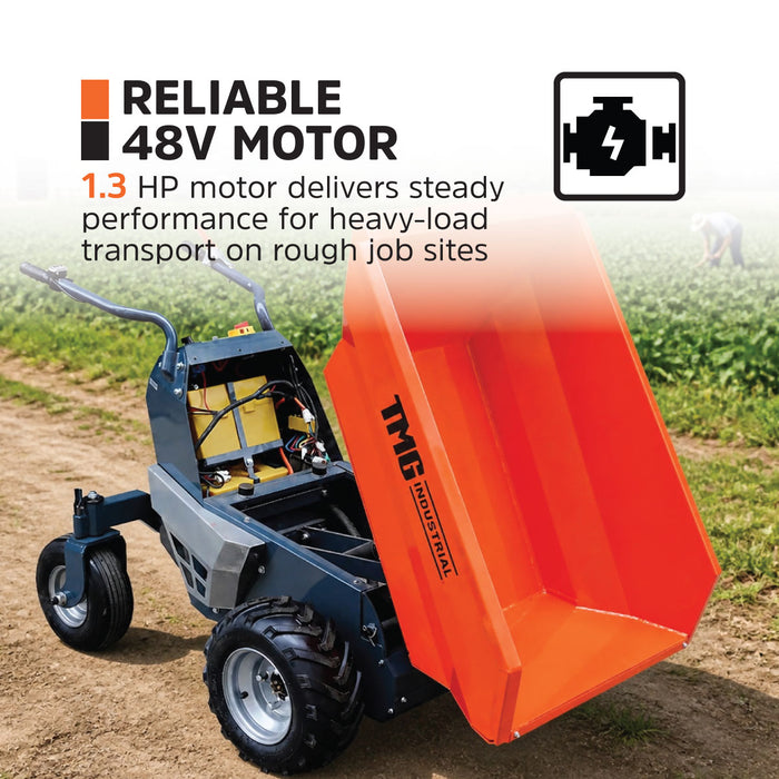 1100 lb Wheeled Dumper, Hydraulic Tipping,1.3 HP/48V Motor, 10 Hr Battery Life, TMG-MD500