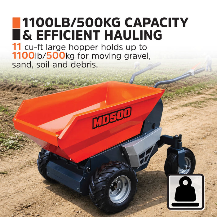 1100 lb Wheeled Dumper, Hydraulic Tipping,1.3 HP/48V Motor, 10 Hr Battery Life, TMG-MD500