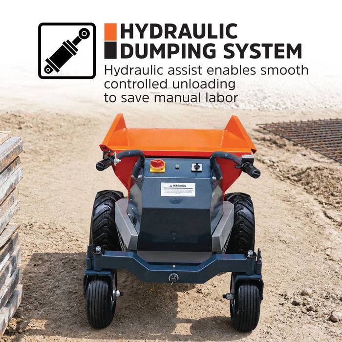 1100 lb Wheeled Dumper, Hydraulic Tipping,1.3 HP/48V Motor, 10 Hr Battery Life, TMG-MD500