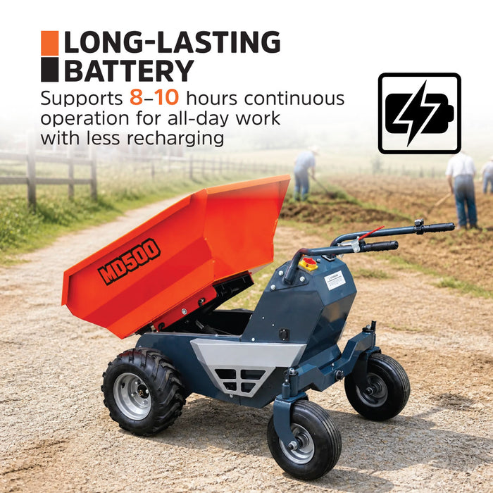 1100 lb Wheeled Dumper, Hydraulic Tipping,1.3 HP/48V Motor, 10 Hr Battery Life, TMG-MD500