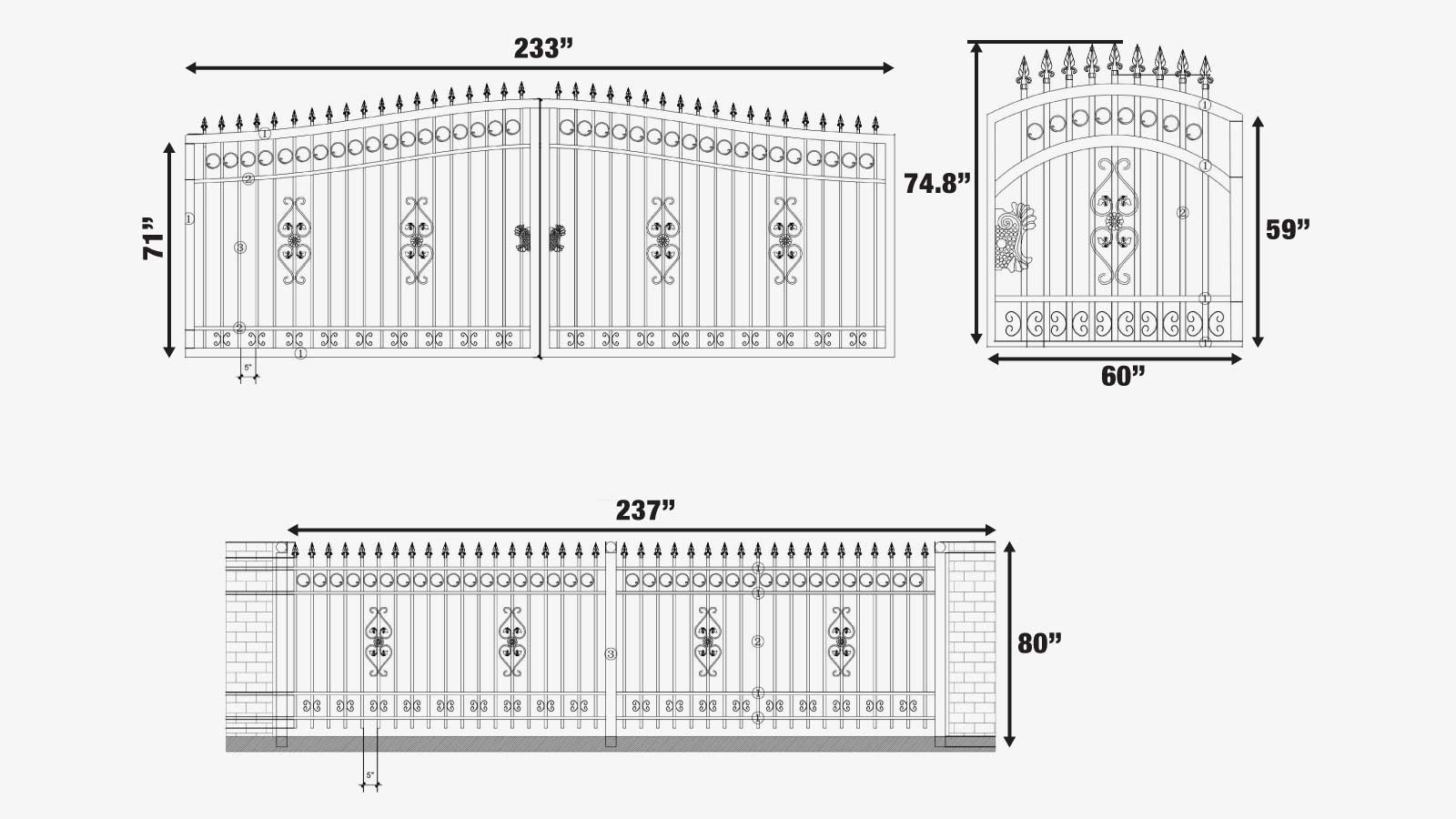 TMG Industrial Lot de 110 pieds de portail et de panneaux de clôture en fer forgé ornemental à deux séparations, tout en acier, enduit de poudre, TMG-MG110P-specifications-image