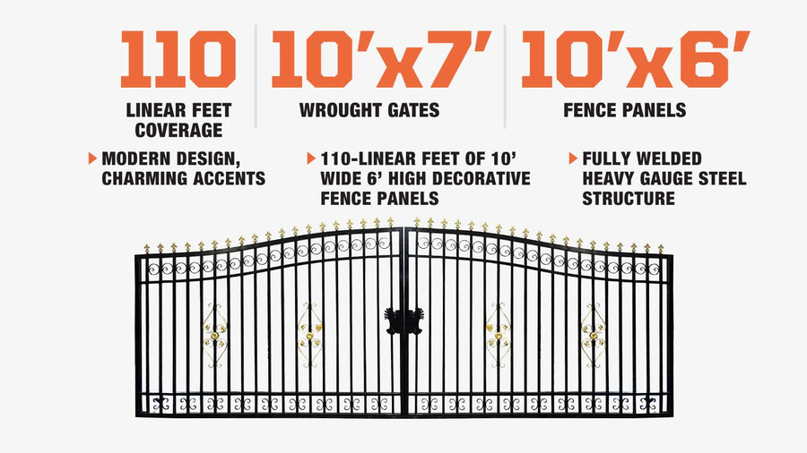 110-ft Bi-Parting Ornamental Wrought Iron Gate & Fence Panels Combo Pack, All Steel, Powder Coated, TMG-MG110P
