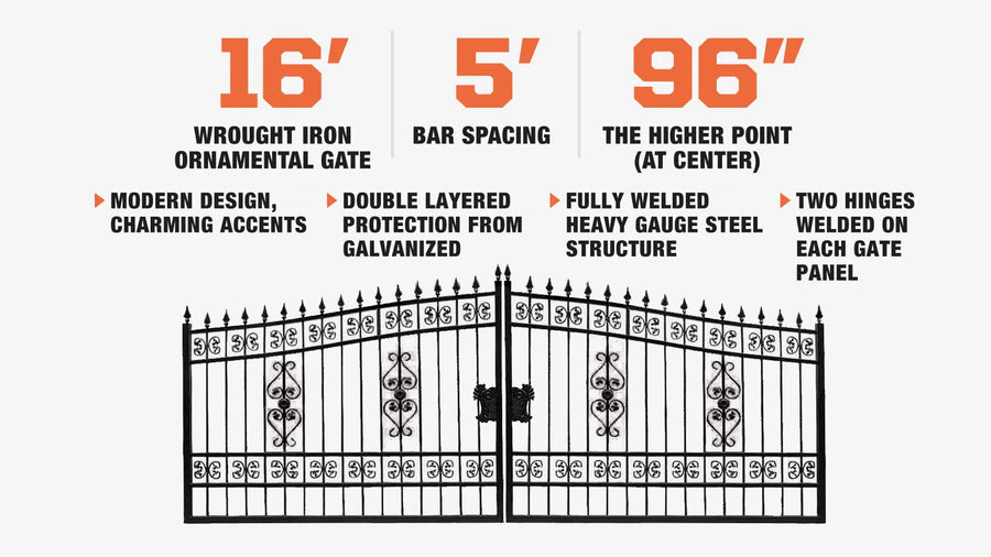 16-ft Bi-Parting Deluxe Wrought Iron Ornamental Gate (Discontinued, No Longer Available)