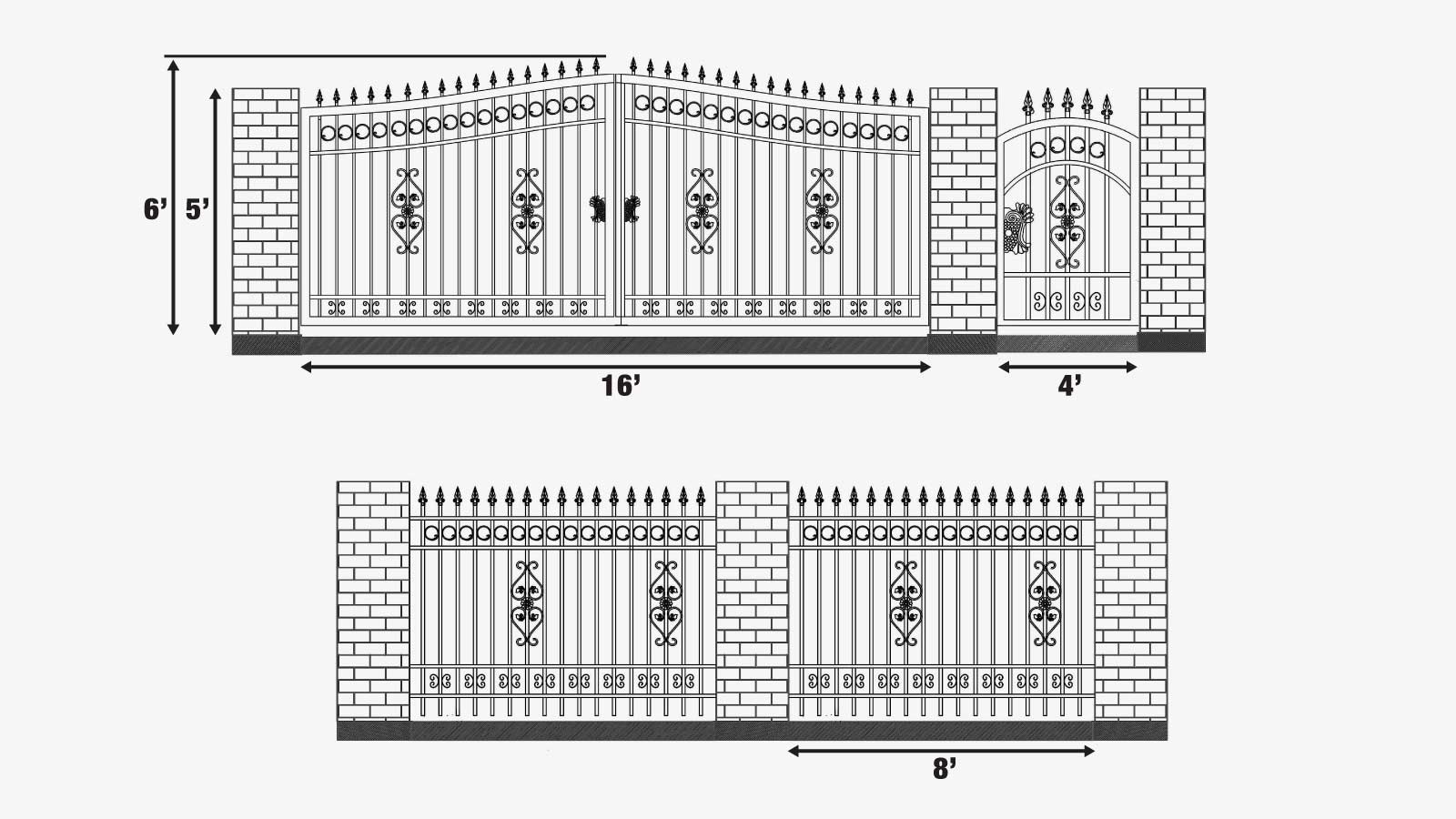TMG Industrial Lot de 212 pieds de portail et de panneaux de clôture en fer forgé ornemental à deux séparations, tout en acier, enduit de poudre, TMG-MG212P-specifications-image