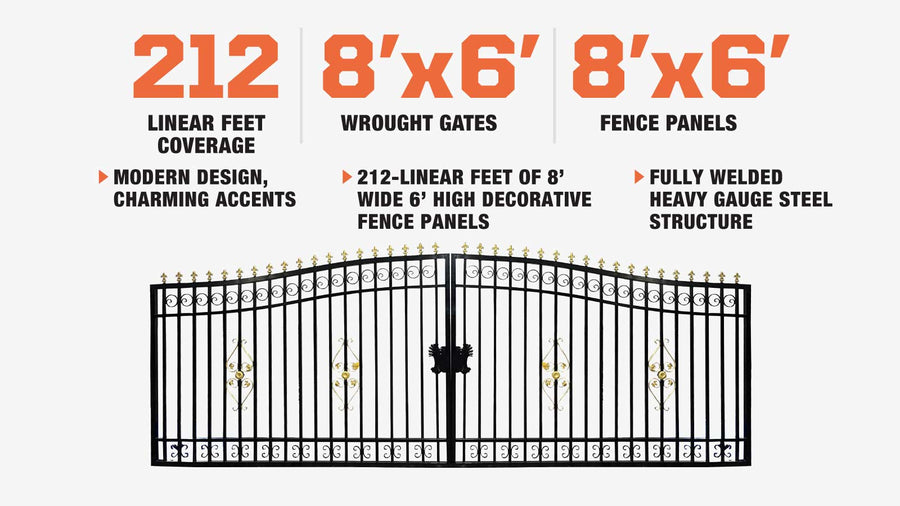 212-ft Bi-Parting Ornamental Wrought Iron Gate & Fence Panels Combo Pack, All Steel, Powder Coated, TMG-MG212P