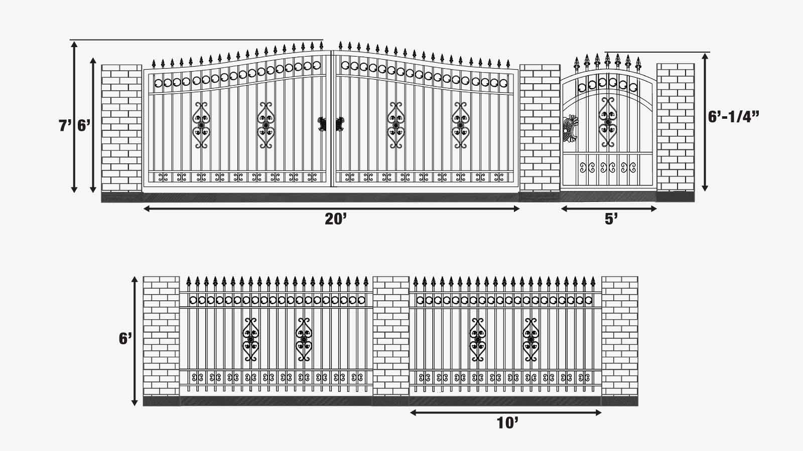 TMG Industrial 265-ft Bi-Parting Ornamental Wrought Iron Gate & Fence Panels Combo Pack, All Steel, Powder Coated, TMG-MG265P-specifications-image
