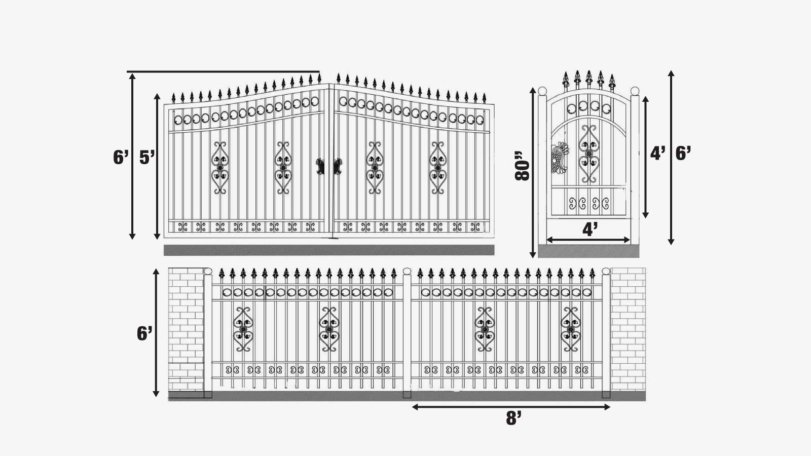 TMG Industrial Ensemble de panneaux de porte et de clôture en fer forgé ornemental à deux séparations de 88 pieds, tout en acier, enduit de poudre, TMG-MG88P-specifications-image