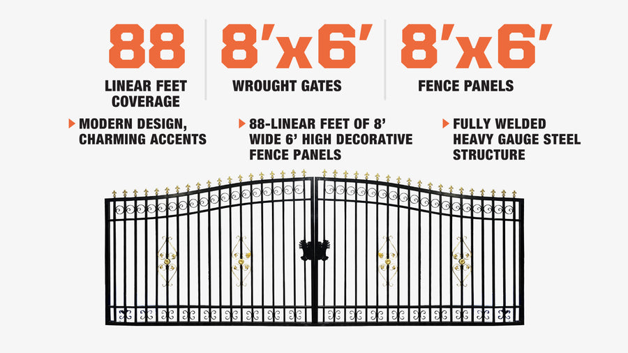 88-ft Bi-Parting Ornamental Wrought Iron Gate & Fence Panels Combo Pack, All Steel, Powder Coated, TMG-MG88P