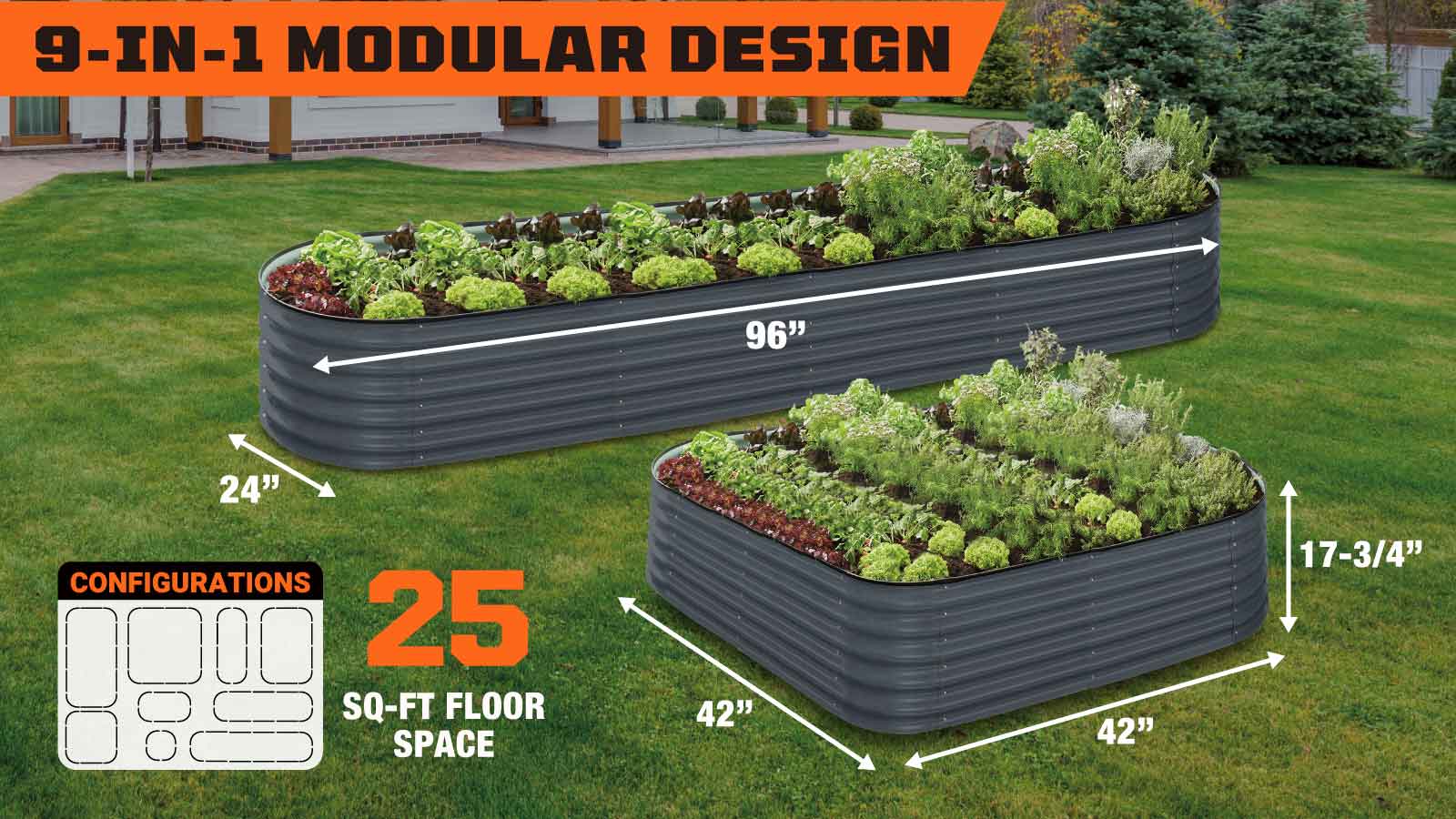 TMG Industrial Metal Raised Garden Bed Kit, 9-In-1 Modular Design, 18” Tall, Galvanized & Powder Coated, Rubber Edging, TMG-MGB96-specifications-image