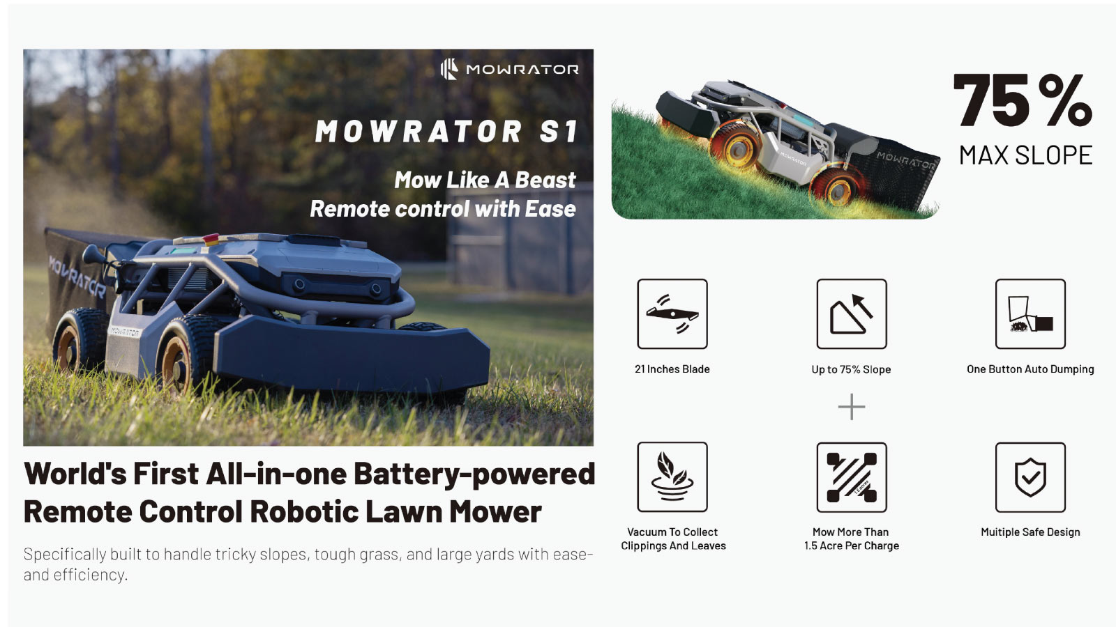 MowRator Robotic Lawnmower, S1 Advanced Series 2WD, All-In-One Battery Remote Control, 3-In-1 System (Mulch, Bag, Discharge), Model# TMG-MO0995-description-image