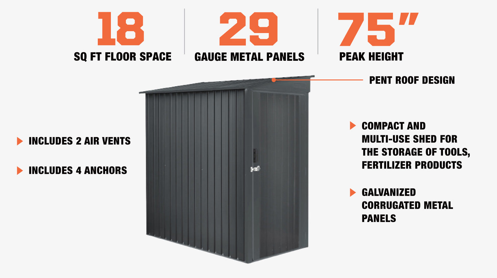 TMG Industrial 3’ x 6’ Galvanized Metal Pent Shed, 29 GA Corrugated Metal, 75“ Upper edge, TMG-MS0306-description-image