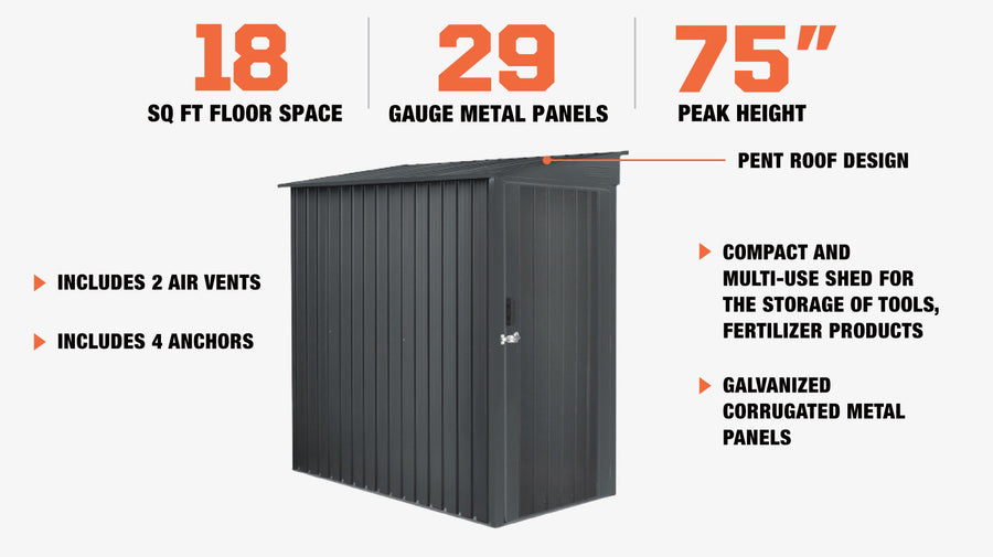 3' x 6' Galvanized Metal Pent Shed, 29 GA Corrugated Metal, 75" Upper edge, TMG-MS0306