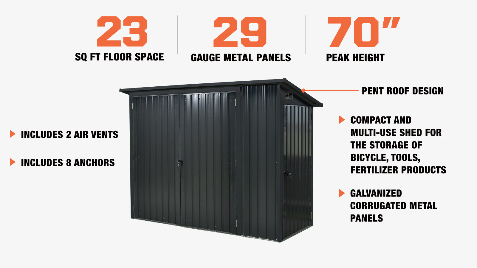 TMG Industrial 4’ x 8’ Bicycle Metal Pent Shed, 29 Gauge Corrugated Metal, 70” Upper edge, TMG-MS0408-description-image