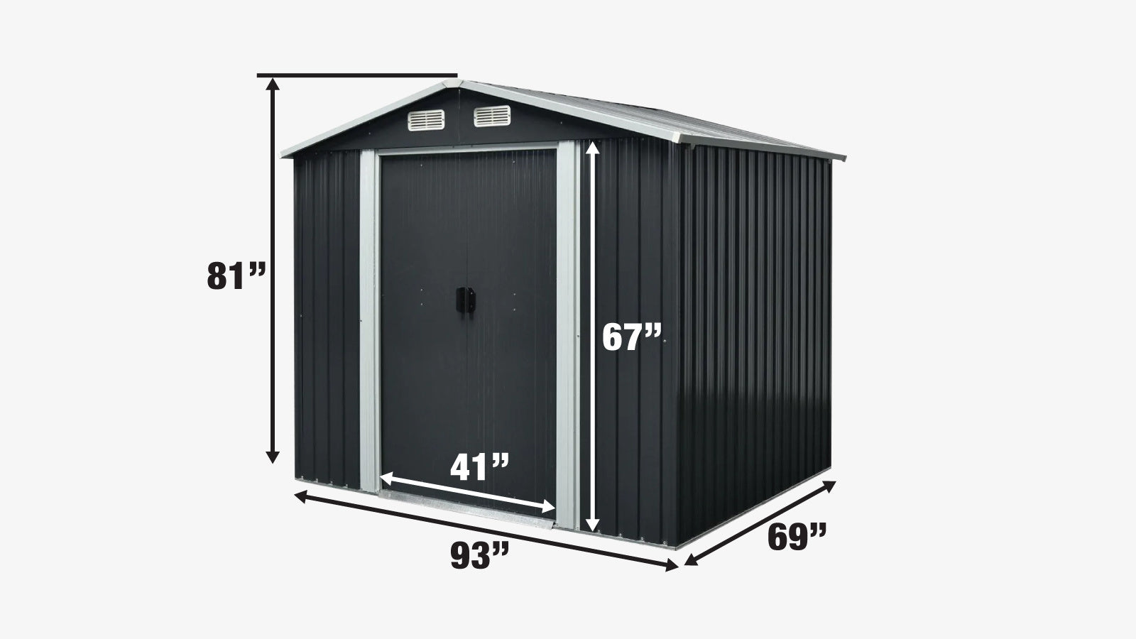 TMG Industrial 6’ x 8’ Galvanized Apex Roof Metal Shed, 29 GA Corrugated Metal, 67” Edge Height, TMG-MS0608-specifications-image