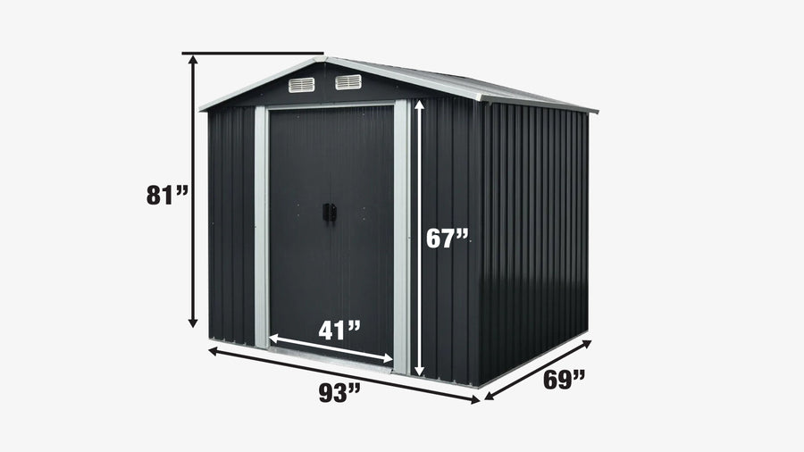 6' x 8' Galvanized Apex Roof Metal Shed, 29 GA Corrugated Metal, 67" Edge Height, TMG-MS0608