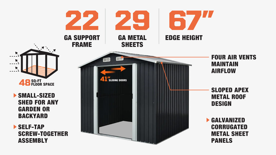 6' x 8' Galvanized Apex Roof Metal Shed, 29 GA Corrugated Metal, 67" Edge Height, TMG-MS0608