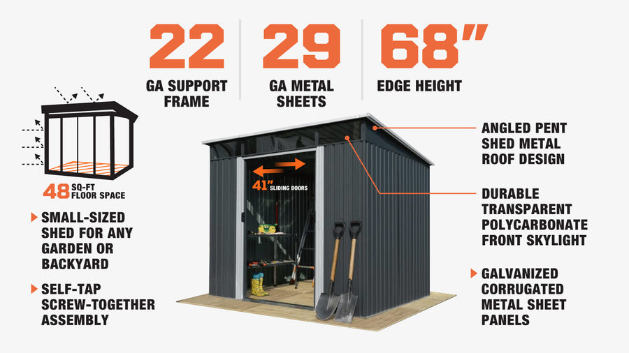 6' x 8' Galvanized Metal Pent Shed w/Skylight, 29 GA Corrugated Metal, 80" Peak Ceiling, TMG-MS0608P (Discontinued – No Longer Available)
