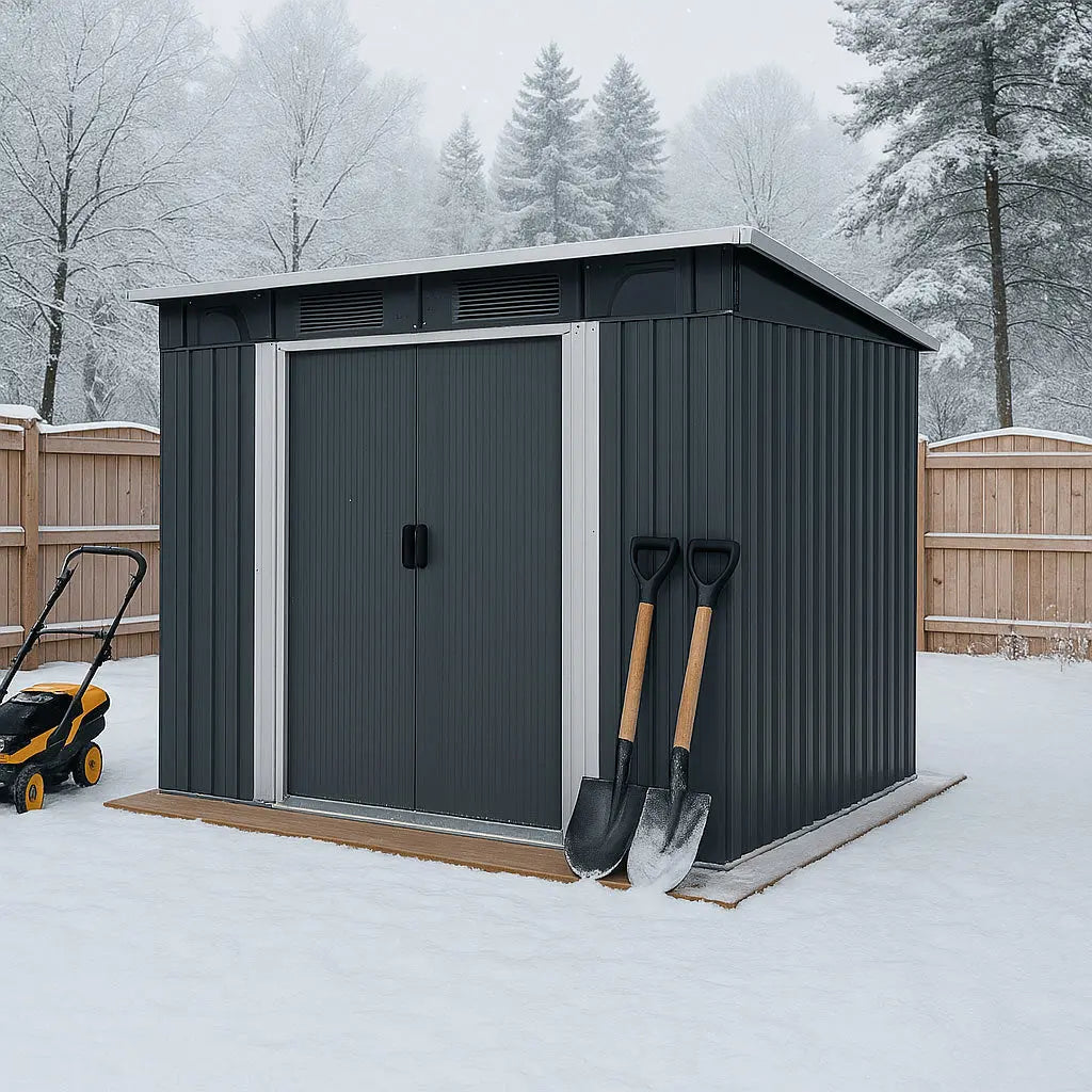 mnm チャコールグレーS 8' x 9' Galvanized Metal Pent Shed w/Skylight, 29 GA Corrugated Metal,