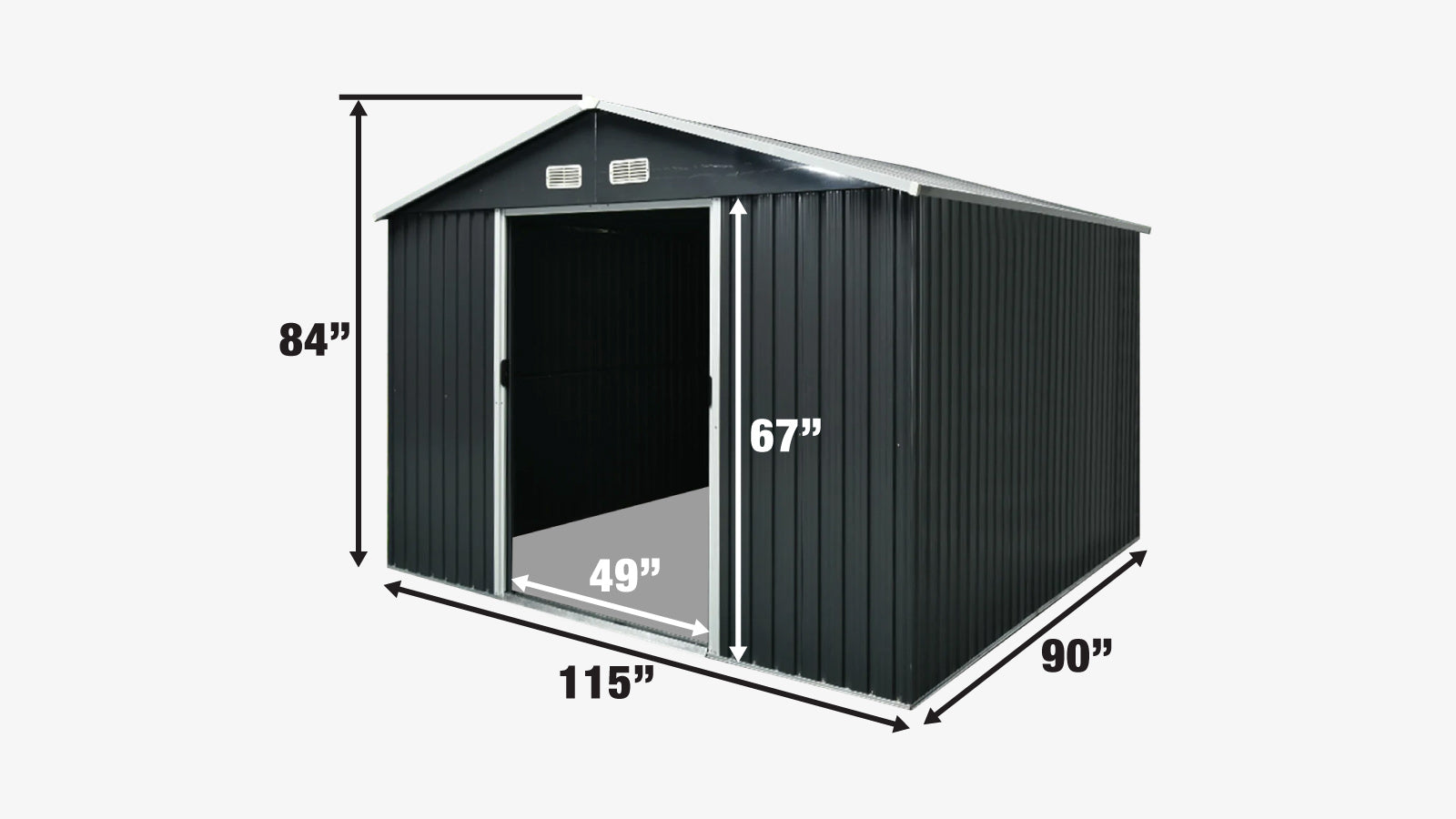 TMG Industrial 8’ x 10’ Galvanized Apex Roof Metal Shed, 29 GA Corrugated Metal, 67” Edge Height, TMG-MS0810-specifications-image