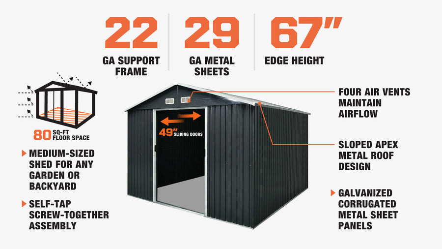 8' x 10' Galvanized Apex Roof Metal Shed, 29 GA Corrugated Metal, 67" Edge Height, TMG-MS0810