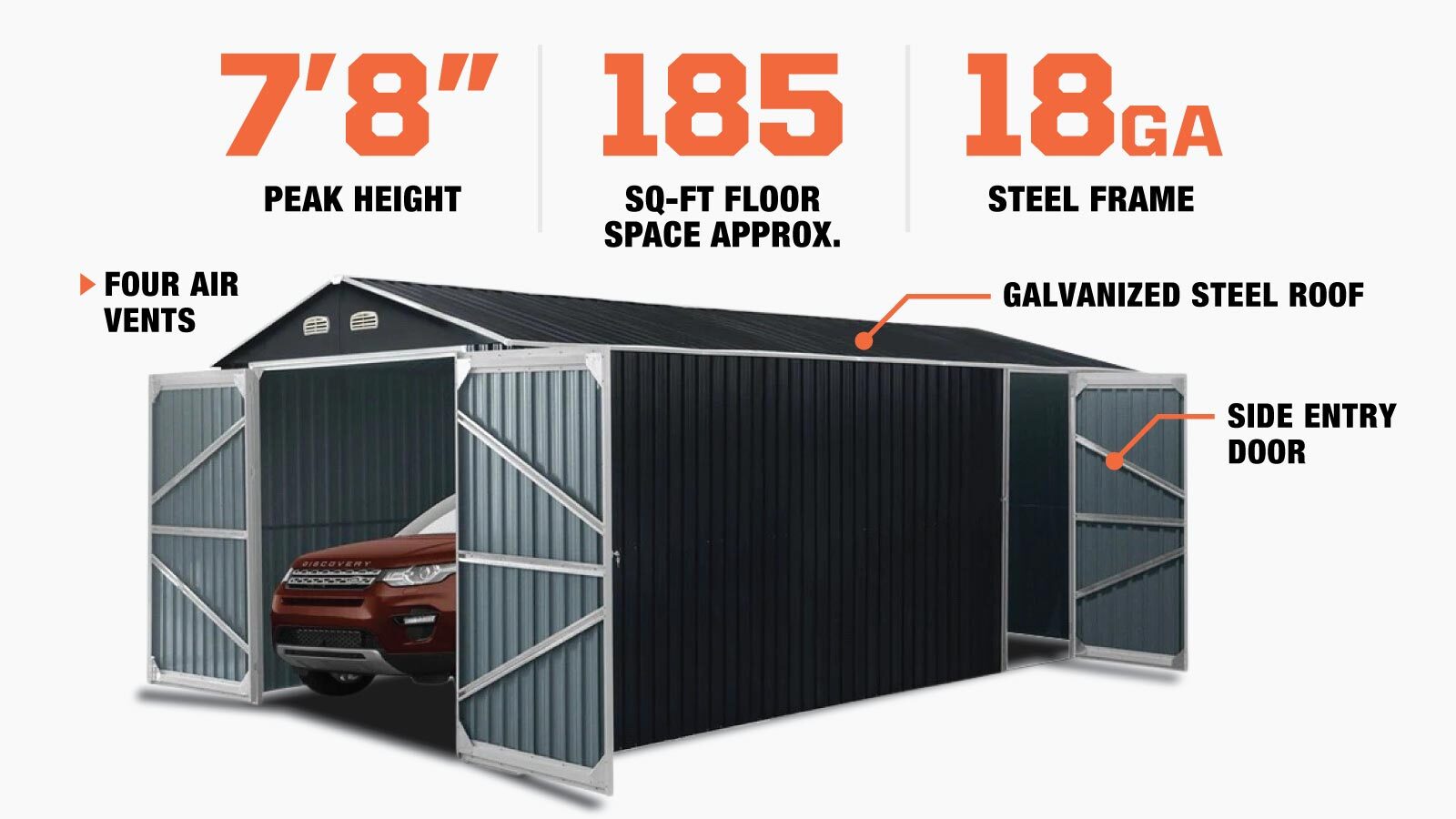 TMG Industrial 10’ x 20’ Metal Garage Shed with Double Front Doors, 7’8” Peak Height, Side Entry Door, 185 Sq-Ft Floor Space, TMG-MS1020A-description-image