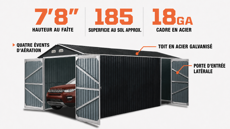 Abri de garage en métal TMG Industrial 10' x 20' avec portes avant doubles, hauteur maximale de 7'8", porte d'entrée latérale, espace au sol de 185 pieds carrés, TMG-MS1020A