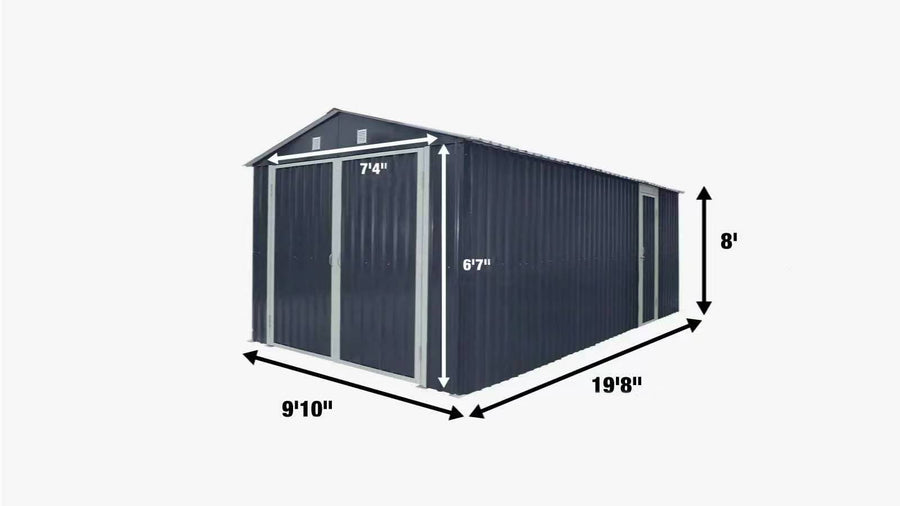 Abri de jardin métallique TMG Heavy Series™ 10' x 20' avec double porte avant et porte latérale, hauteur de pointe de 8', TMG-MS1020B